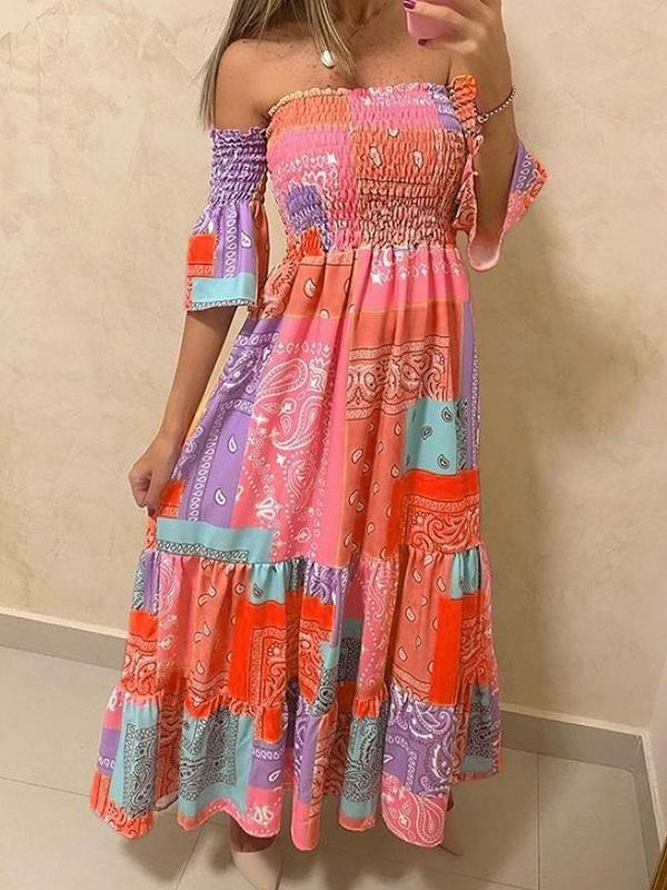 Off-shoulder Multicolor Printed Dress - Maxi Dresses - INS | Online Fashion Free Shipping Clothing, Dresses, Tops, Shoes - 15/06/2021 - Color_Orange - Color_Yellow
