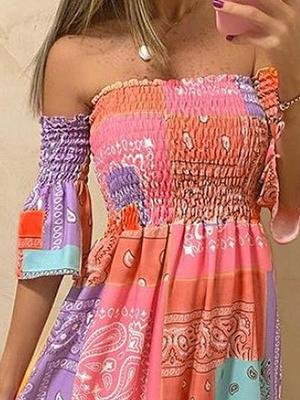 Off-shoulder Multicolor Printed Dress - Maxi Dresses - INS | Online Fashion Free Shipping Clothing, Dresses, Tops, Shoes - 15/06/2021 - Color_Orange - Color_Yellow