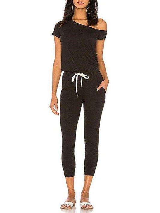 Off-Shoulder Pocket Lace-Up Oblique Shoulder Jumpsuit - Jumpsuits & Rompers - INS | Online Fashion Free Shipping Clothing, Dresses, Tops, Shoes - 14/04/2021 - Color_Black - hide