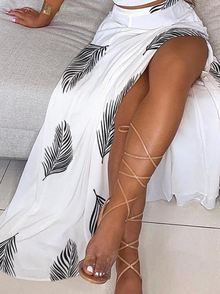 Off Shoulder Print Ruffles Top & Thigh Slit Skirt Set - Two-piece Outfits - INS | Online Fashion Free Shipping Clothing, Dresses, Tops, Shoes - 28/04/2021 - Color_White - DRE210428092