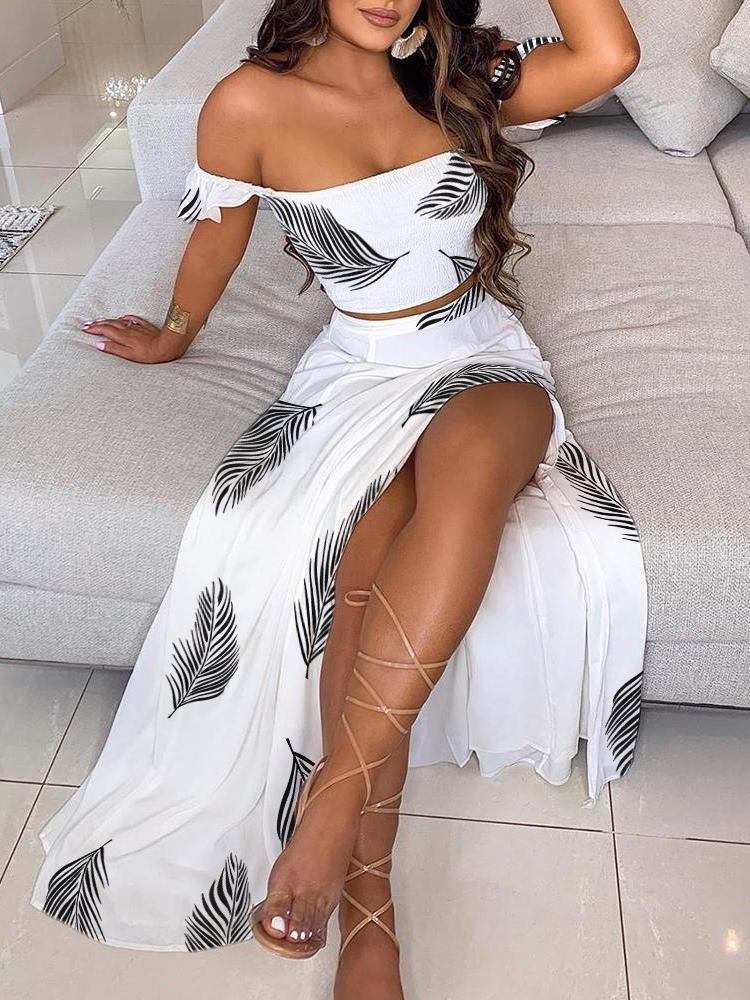 Off Shoulder Print Ruffles Top & Thigh Slit Skirt Set - Two-piece Outfits - INS | Online Fashion Free Shipping Clothing, Dresses, Tops, Shoes - 28/04/2021 - Color_White - DRE210428092