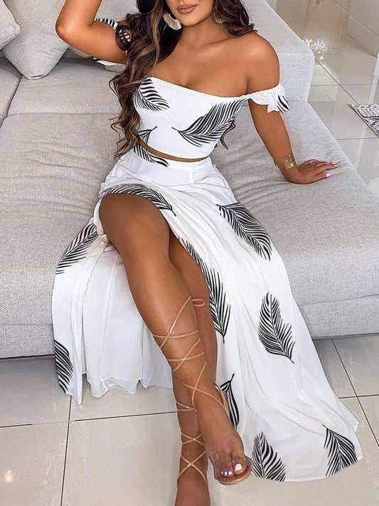 Off Shoulder Print Ruffles Top & Thigh Slit Skirt Set - Two-piece Outfits - INS | Online Fashion Free Shipping Clothing, Dresses, Tops, Shoes - 28/04/2021 - Color_White - DRE210428092