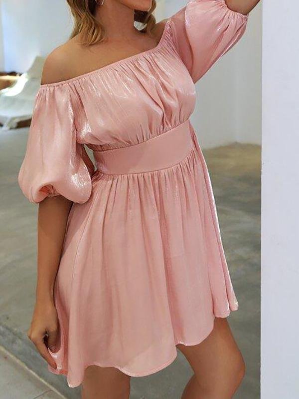 Off Shoulder Puff Sleeve Glitter Dress - Dresses - INS | Online Fashion Free Shipping Clothing, Dresses, Tops, Shoes - 01/27/2021 - Color_Pink - Dresses