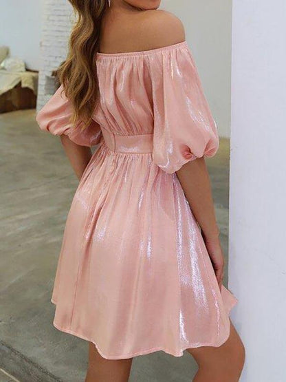 Off Shoulder Puff Sleeve Glitter Dress - Dresses - INS | Online Fashion Free Shipping Clothing, Dresses, Tops, Shoes - 01/27/2021 - Color_Pink - Dresses