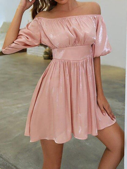 Off Shoulder Puff Sleeve Glitter Dress - Dresses - INS | Online Fashion Free Shipping Clothing, Dresses, Tops, Shoes - 01/27/2021 - Color_Pink - Dresses