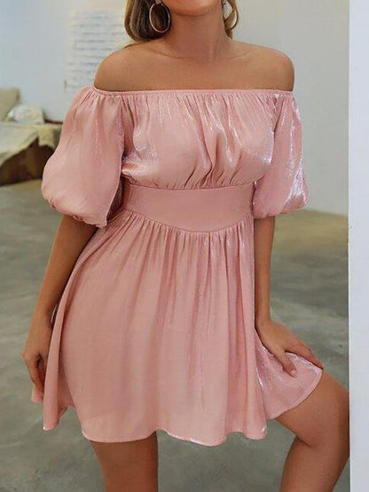 Off Shoulder Puff Sleeve Glitter Dress - Dresses - INS | Online Fashion Free Shipping Clothing, Dresses, Tops, Shoes - 01/27/2021 - Color_Pink - Dresses