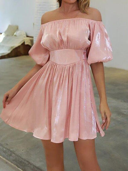 Off Shoulder Puff Sleeve Glitter Dress - Dresses - INS | Online Fashion Free Shipping Clothing, Dresses, Tops, Shoes - 01/27/2021 - Color_Pink - Dresses