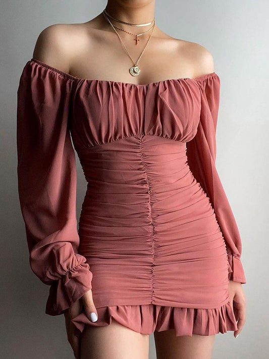 Off Shoulder Ruched Bell Sleeve Ruffles Dress - Mini Dresses - INS | Online Fashion Free Shipping Clothing, Dresses, Tops, Shoes - 30/04/2021 - Category_Mini Dresses - Color_Pink