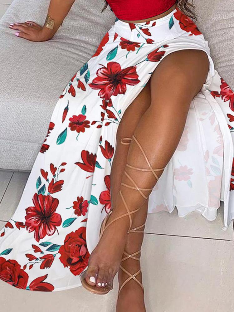 Off Shoulder Ruffles Top & Floral Print High Slit Skirt Set - Two-piece Outfits - INS | Online Fashion Free Shipping Clothing, Dresses, Tops, Shoes - 28/04/2021 - Color_Red - DRE210428087