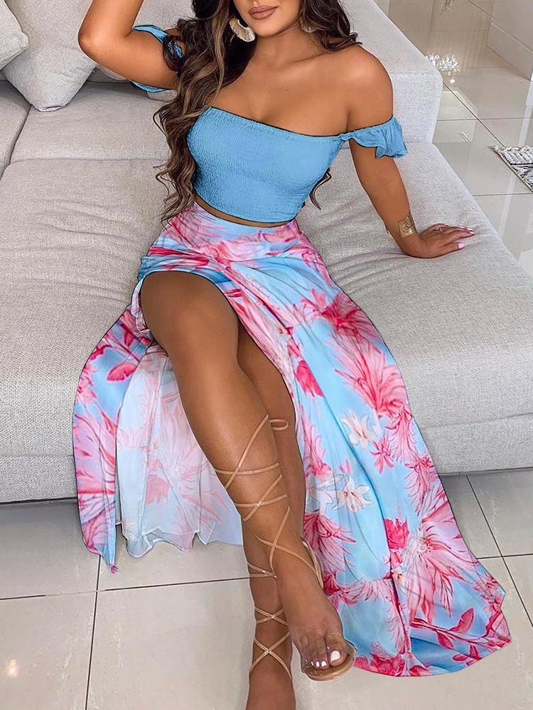 Off Shoulder Shirred Ruffles Top & Sunflower Print High Slit Maxi Skirt Set - Two-piece Outfits - INS | Online Fashion Free Shipping Clothing, Dresses, Tops, Shoes - 28/04/2021 - Color_ Blue - Color_Yellow