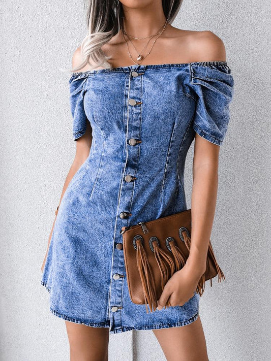 Off-shoulder Single-breasted Denim Bag Hip Dress - MsDressly