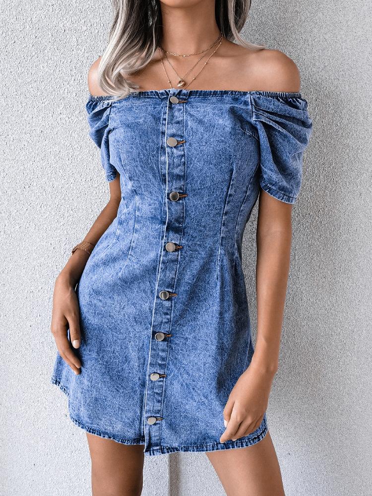 Off-shoulder Single-breasted Denim Bag Hip Dress - MsDressly