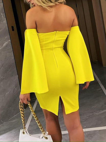 Off Shoulder Split Bell Sleeve Dress - Dresses - INS | Online Fashion Free Shipping Clothing, Dresses, Tops, Shoes - Color_White - Color_Yellow - Date Night