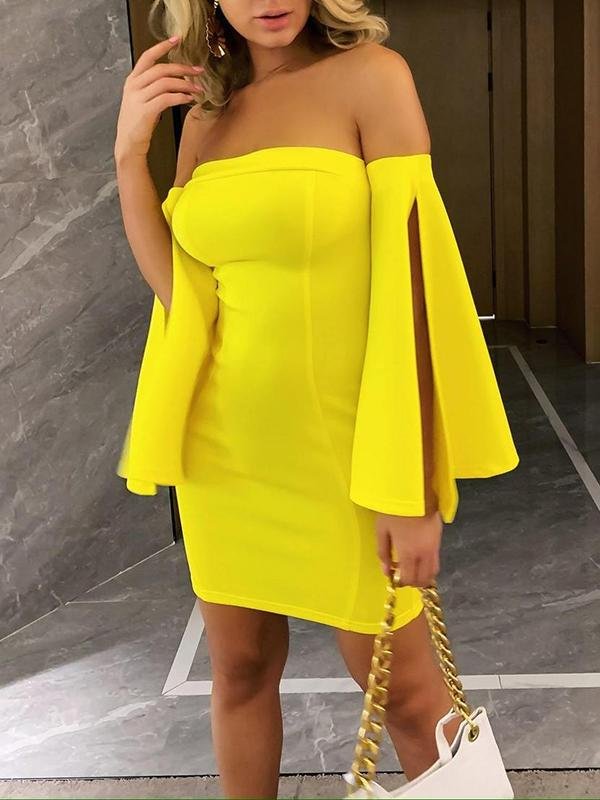 Off Shoulder Split Bell Sleeve Dress - Dresses - INS | Online Fashion Free Shipping Clothing, Dresses, Tops, Shoes - Color_White - Color_Yellow - Date Night