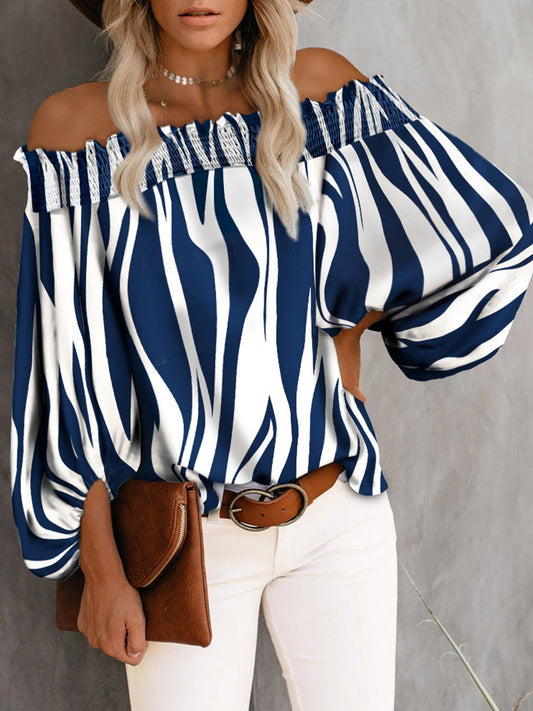 Off Shoulder Stripe Print Long Sleeve Smoking Blouse - Blouses - INS | Online Fashion Free Shipping Clothing, Dresses, Tops, Shoes - 08/07/2021 - 20-30 - BLO2107081179