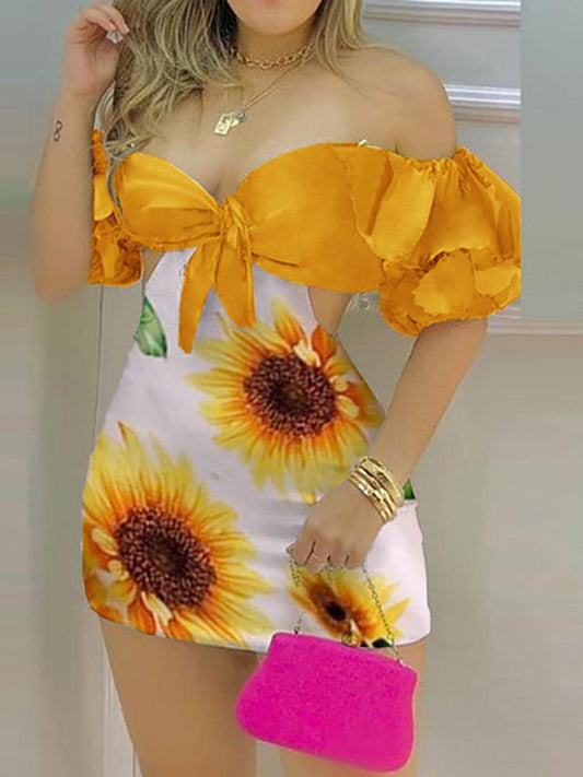 Off Shoulder Sunflower Print Knotted Puff Sleeve Skorts Romper - Rompers - INS | Online Fashion Free Shipping Clothing, Dresses, Tops, Shoes - 04/05/2021 - Category_Rompers - Color_Yellow