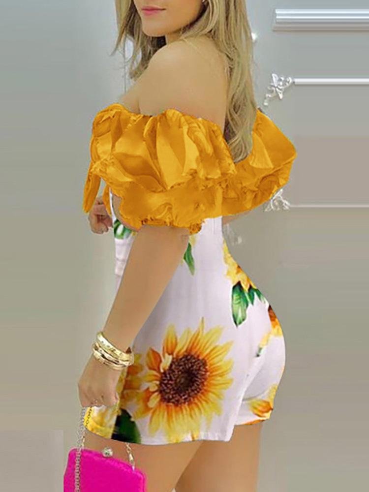 Off Shoulder Sunflower Print Knotted Puff Sleeve Skorts Romper - Rompers - INS | Online Fashion Free Shipping Clothing, Dresses, Tops, Shoes - 04/05/2021 - Category_Rompers - Color_Yellow