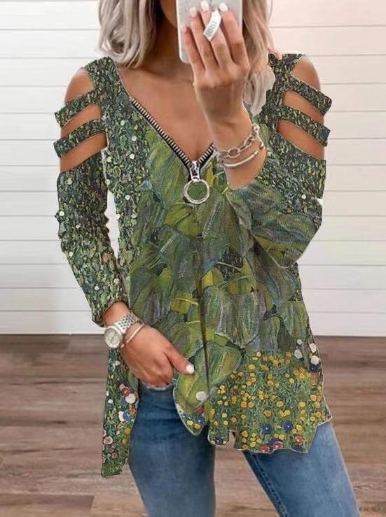 Off-shoulder V-neck Zipper Long-sleeved T-shirt - T-shirts - INS | Online Fashion Free Shipping Clothing, Dresses, Tops, Shoes - 20-30 - 30/06/2021 - color-green