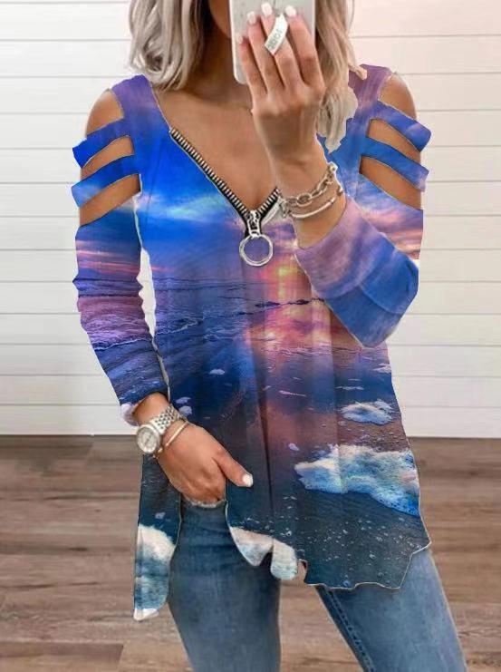 Off-shoulder V-neck Zipper Long-sleeved T-shirt - T-shirts - INS | Online Fashion Free Shipping Clothing, Dresses, Tops, Shoes - 20-30 - 30/06/2021 - color-green