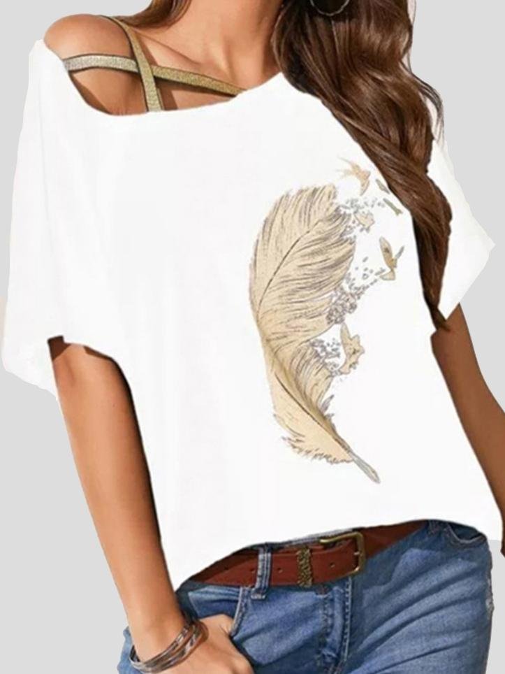 Off-shoulder Webbing Feather Print T-shirt - T-shirts - INS | Online Fashion Free Shipping Clothing, Dresses, Tops, Shoes - 02/07/2021 - 10-20 - color-black