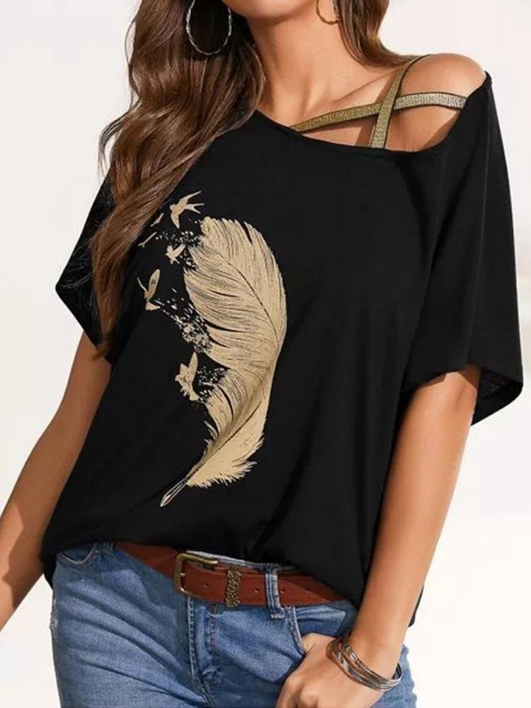 Off-shoulder Webbing Feather Print T-shirt - T-shirts - INS | Online Fashion Free Shipping Clothing, Dresses, Tops, Shoes - 02/07/2021 - 10-20 - color-black