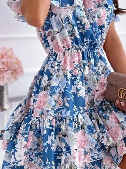 Off The Shoulder Printed Ruffle Dress - Mini Dresses - INS | Online Fashion Free Shipping Clothing, Dresses, Tops, Shoes - 11/06/2021 - Category_Mini Dresses - Color_Blue