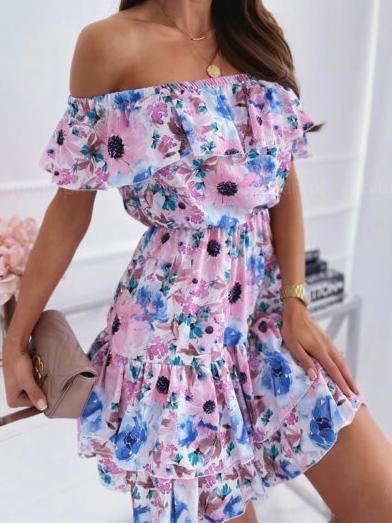 Off The Shoulder Printed Ruffle Dress - Mini Dresses - INS | Online Fashion Free Shipping Clothing, Dresses, Tops, Shoes - 11/06/2021 - Category_Mini Dresses - Color_Blue
