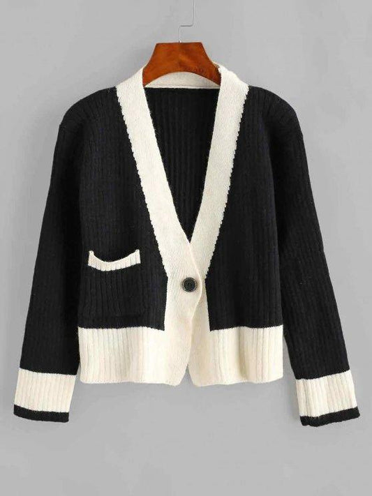 One Buttoned Two Tone Pocket Cardigan - INS | Online Fashion Free Shipping Clothing, Dresses, Tops, Shoes
