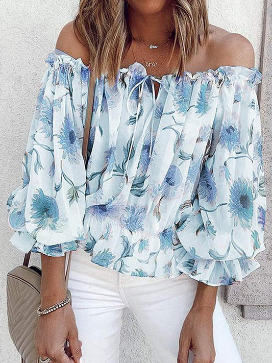 One-line Neck Floral Print Long-sleeved Chiffon Shirt - Blouses - INS | Online Fashion Free Shipping Clothing, Dresses, Tops, Shoes - 20-30 - 23/07/2021 - BLO2107231254