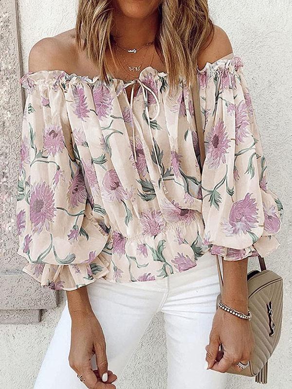 One-line Neck Floral Print Long-sleeved Chiffon Shirt - Blouses - INS | Online Fashion Free Shipping Clothing, Dresses, Tops, Shoes - 20-30 - 23/07/2021 - BLO2107231254