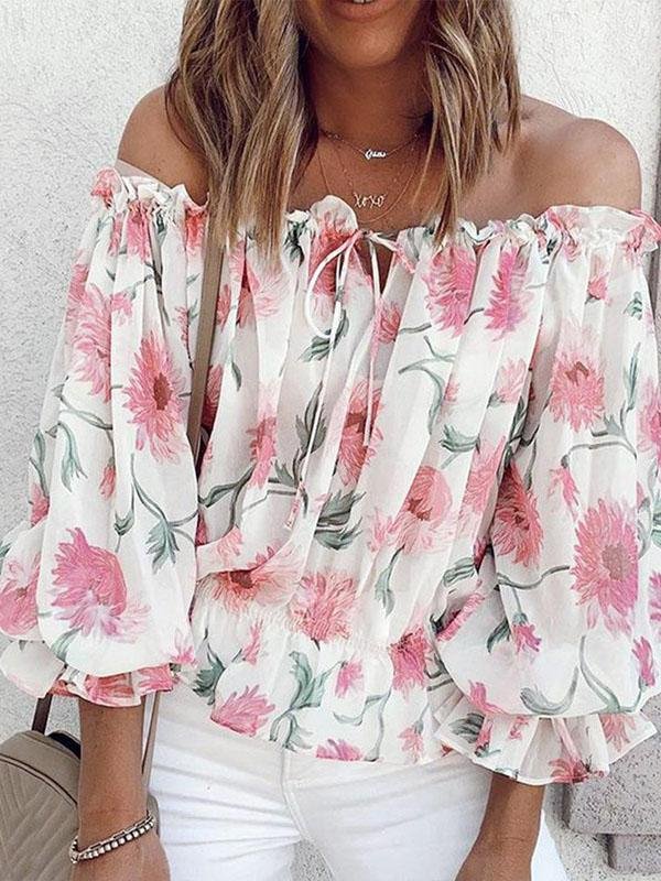 One-line Neck Floral Print Long-sleeved Chiffon Shirt - Blouses - INS | Online Fashion Free Shipping Clothing, Dresses, Tops, Shoes - 20-30 - 23/07/2021 - BLO2107231254