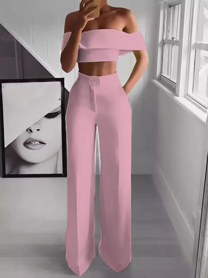 Sets - One-Shoulder Crop Top & Mopping Pants Two-Piece Suit - MsDressly