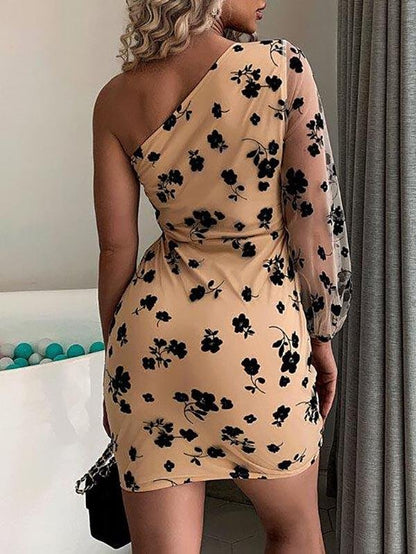 One Shoulder Floral Mesh Dress - Dresses - INS | Online Fashion Free Shipping Clothing, Dresses, Tops, Shoes - 02//03/2021 - Apricot - Bodycon Dresses