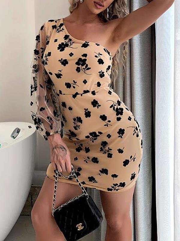 One Shoulder Floral Mesh Dress - Dresses - INS | Online Fashion Free Shipping Clothing, Dresses, Tops, Shoes - 02//03/2021 - Apricot - Bodycon Dresses