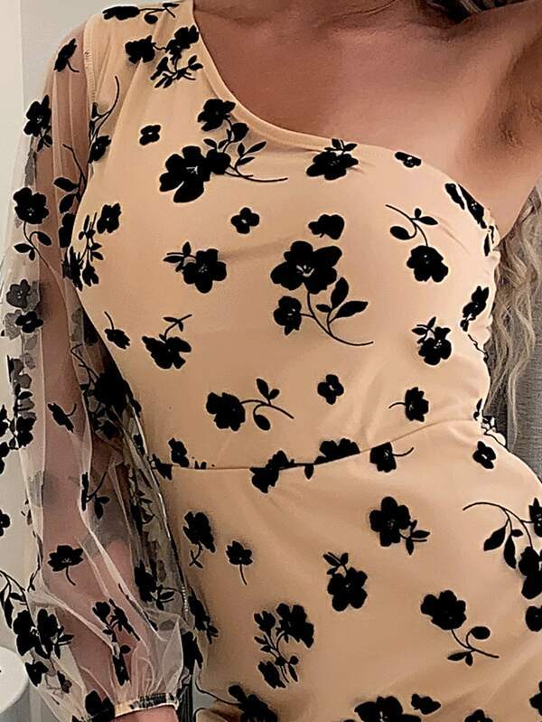 One Shoulder Floral Mesh Dress - Dresses - INS | Online Fashion Free Shipping Clothing, Dresses, Tops, Shoes - 02//03/2021 - Apricot - Bodycon Dresses