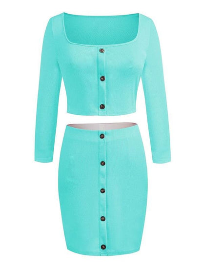 One-shoulder Long-sleeved Crop Top & Skirt Suit - Two-piece Outfits - INS | Online Fashion Free Shipping Clothing, Dresses, Tops, Shoes - 13/05/2021 - 13052021 - 130521