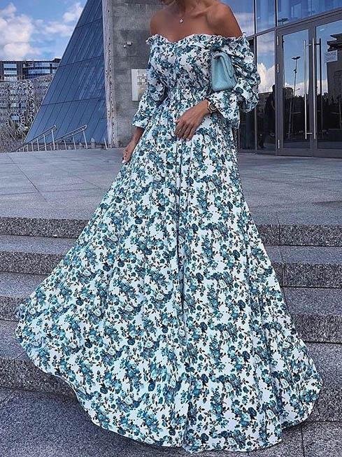 One-shoulder Long-sleeved Printed Dress - Maxi Dresses - INS | Online Fashion Free Shipping Clothing, Dresses, Tops, Shoes - 05/06/2021 - Color_Blue - DRE2106050111