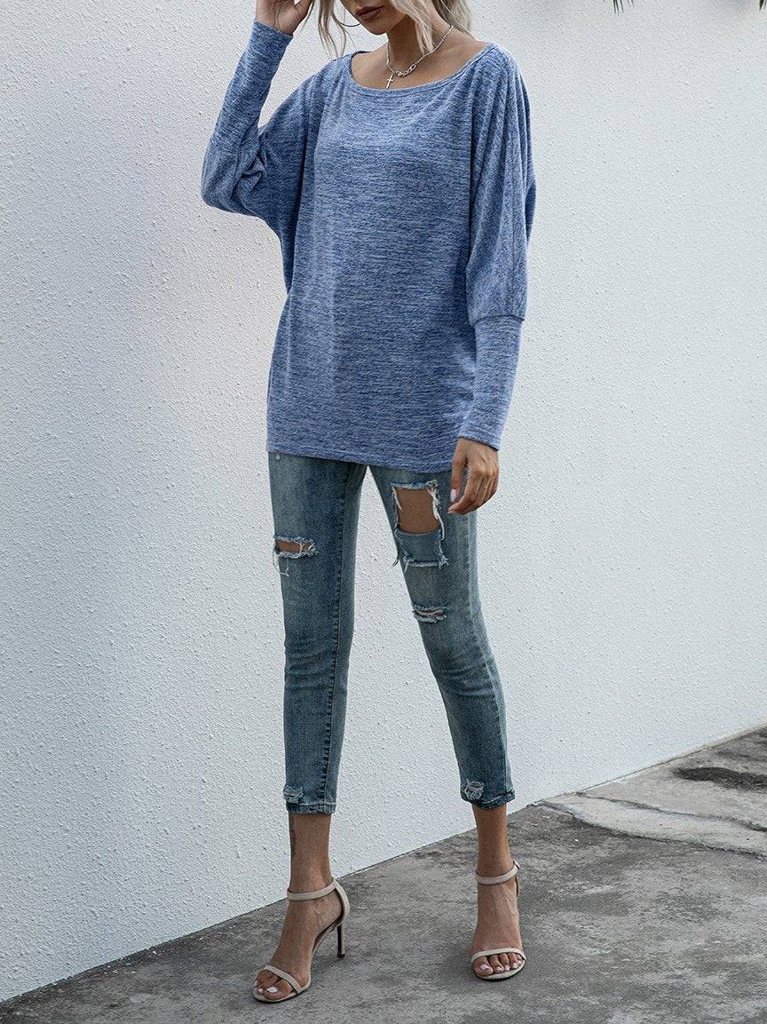 One-word Collar Long Sleeve Casual T-shirt - T-shirts - INS | Online Fashion Free Shipping Clothing, Dresses, Tops, Shoes - 19/07/2021 - 20-30 - color-blue