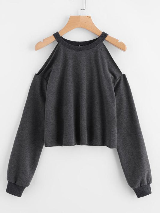 Open Shoulder Raw Hem Heathered Pullover - INS | Online Fashion Free Shipping Clothing, Dresses, Tops, Shoes