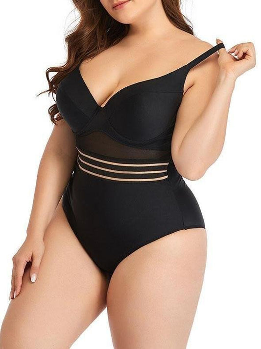 Oversized Mesh Hollow Plain One-piece Swimsuit - Plus Swimsuits - INS | Online Fashion Free Shipping Clothing, Dresses, Tops, Shoes - 22/04/2021 - Color_Black - Color_Blue