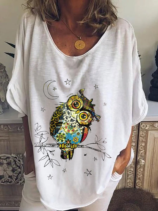 Owl Print Mid-sleeve T-shirt - T-shirts - INS | Online Fashion Free Shipping Clothing, Dresses, Tops, Shoes - 07/07/2021 - 10-20 - color-gray