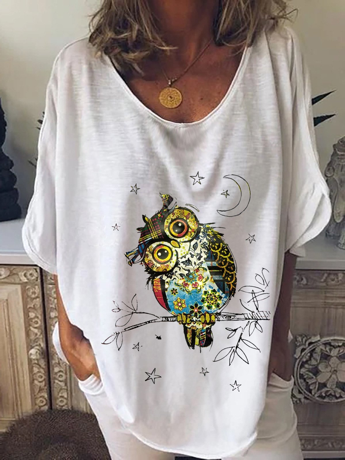 Owl Print Mid-sleeve T-shirt - T-shirts - INS | Online Fashion Free Shipping Clothing, Dresses, Tops, Shoes - 07/07/2021 - 10-20 - color-gray