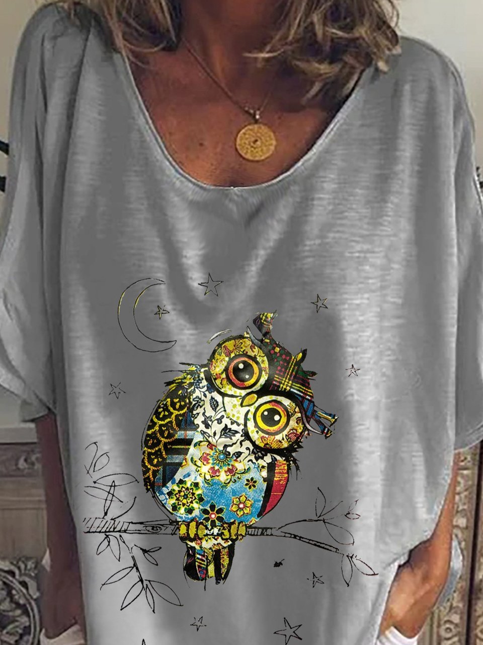 Owl Print Mid-sleeve T-shirt - T-shirts - INS | Online Fashion Free Shipping Clothing, Dresses, Tops, Shoes - 07/07/2021 - 10-20 - color-gray