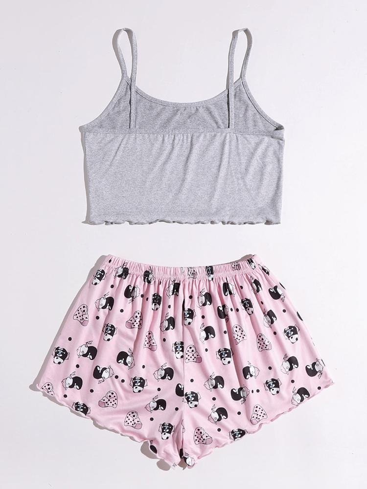 Panda And Slogan Graphic Lettuce Trim Pajama Set - Pajamas - INS | Online Fashion Free Shipping Clothing, Dresses, Tops, Shoes - 24/04/2021 - Color_Gray - PAJ210424004