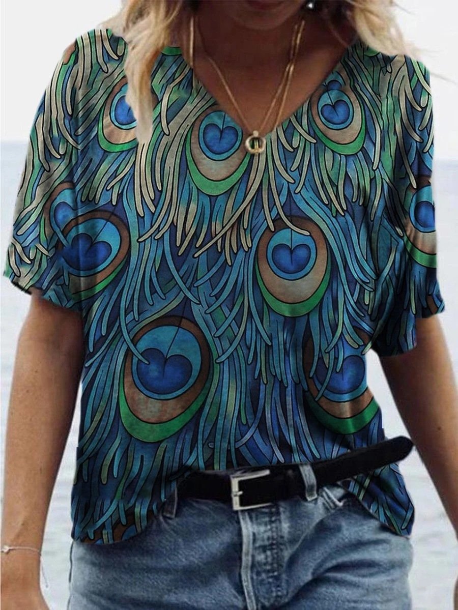 T-shirts - Peacock Feather Print Short-sleeved T-shirt - MsDressly