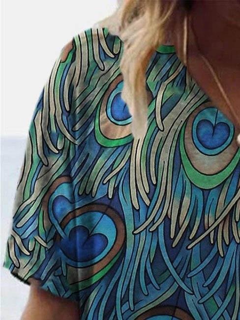 T-shirts - Peacock Feather Print Short-sleeved T-shirt - MsDressly