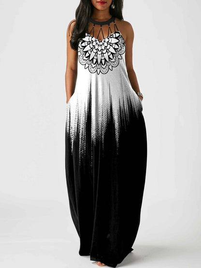 Pierced Tribal Print Sleeveless Maxi Dress - Maxi Dresses - INS | Online Fashion Free Shipping Clothing, Dresses, Tops, Shoes - "Color_Black - 20/04/2021 - Category_Maxi Dresses