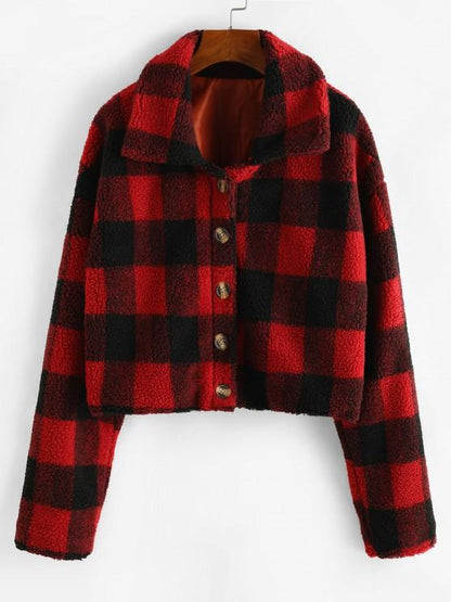 Plaid Button Up Borg Teddy Jacket - INS | Online Fashion Free Shipping Clothing, Dresses, Tops, Shoes