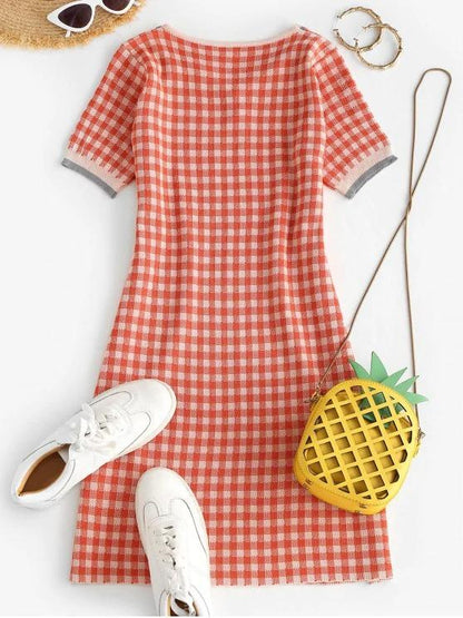 Plaid Flat Collar Knitted Dress - Dresses - INS | Online Fashion Free Shipping Clothing, Dresses, Tops, Shoes - 02/09/2021 - Color_Red - Daily