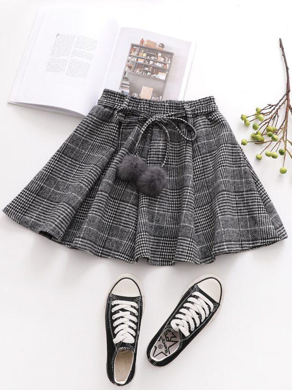 Plaid Pom Pom Belted Skirt - INS | Online Fashion Free Shipping Clothing, Dresses, Tops, Shoes